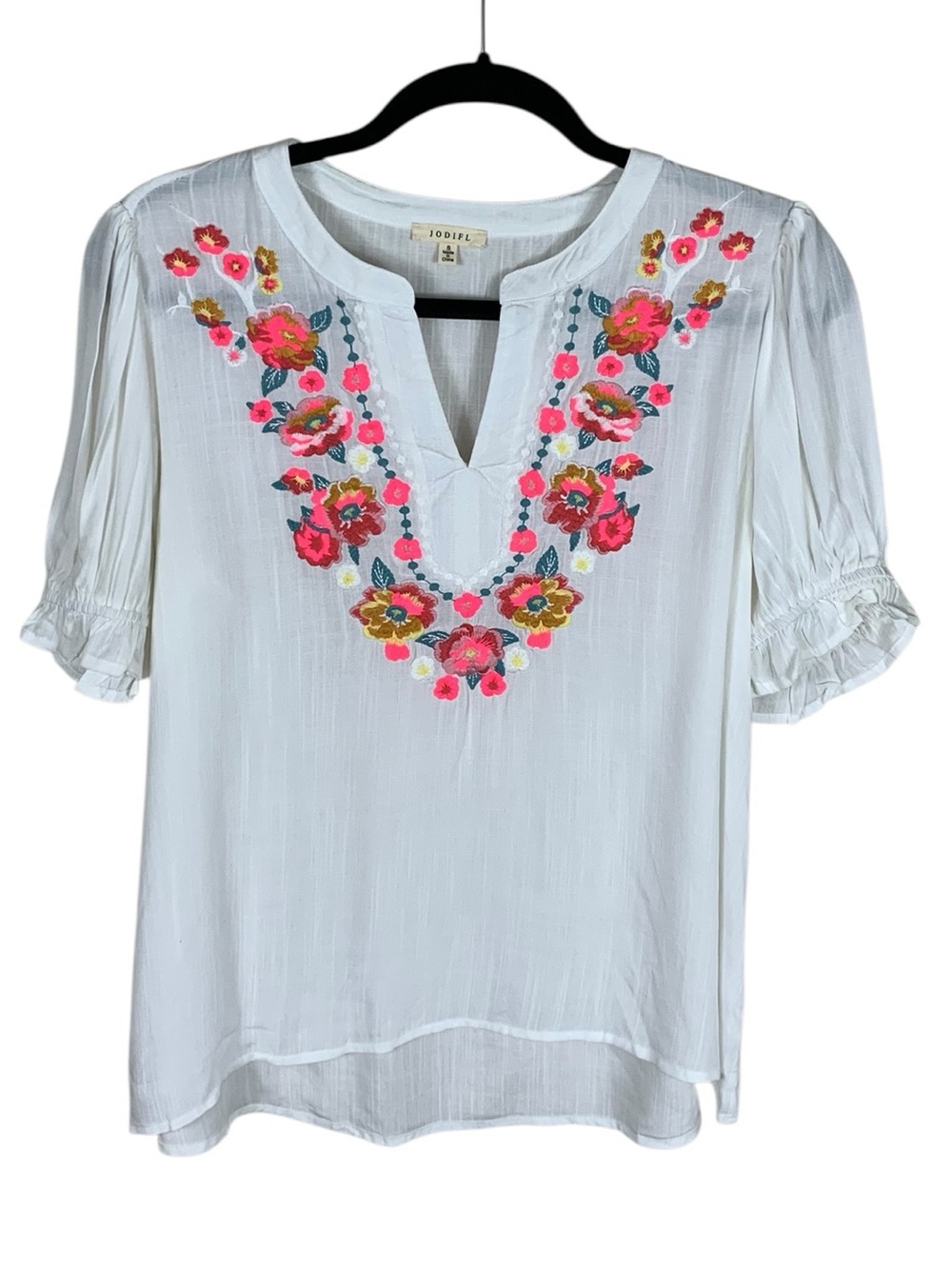 Women's Jodifl White Floral Embroidered Short Sleeve Popover Top Size S Colorful